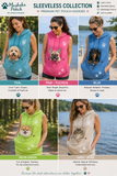 Collage of people wearing sleeveless pet pouch hoodies in teal, pink, blue, neon green, and sand colors with pet illustrations.